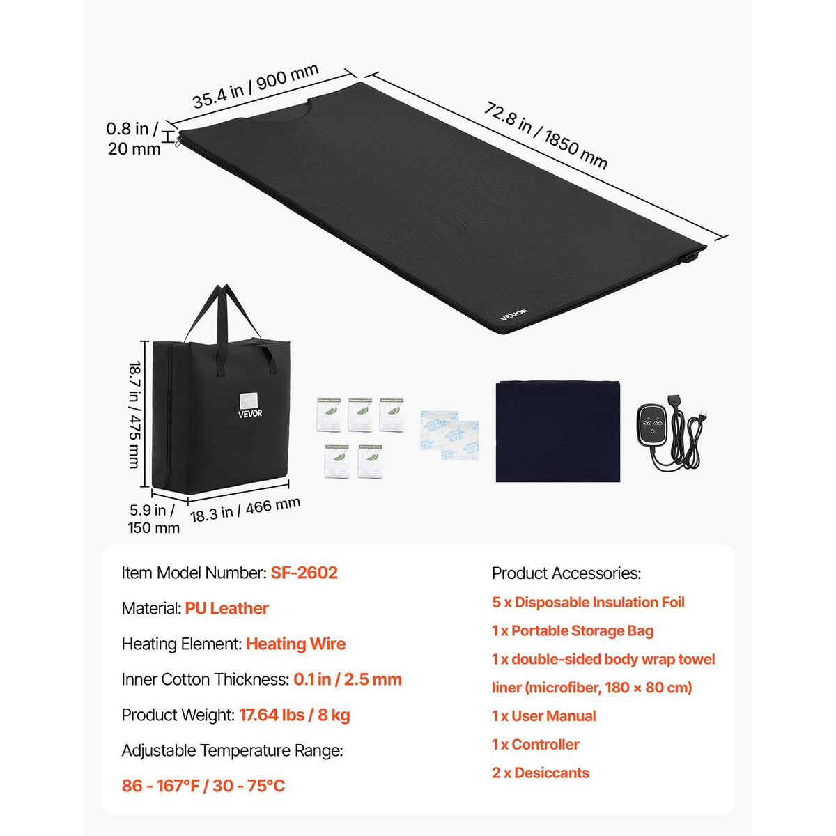 Infrared Sauna Blanket 185 x 90 cm, Portable PU Leather Sauna Bag, Even Heating for Home Detox & Relaxation, Temp Control & Timer, Full-Body Heating Wrap with Towel Liner, Carry Bag, Black
