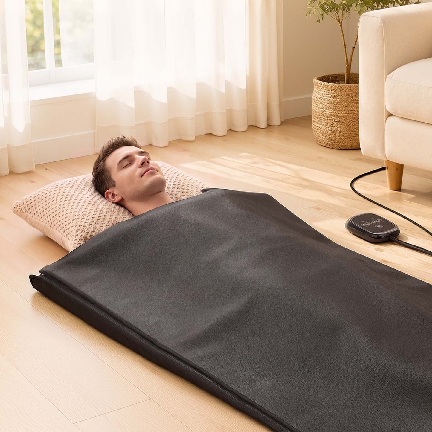 Infrared Sauna Blanket 185 x 90 cm, Portable PU Leather Sauna Bag, Even Heating for Home Detox & Relaxation, Temp Control & Timer, Full-Body Heating Wrap with Towel Liner, Carry Bag, Black