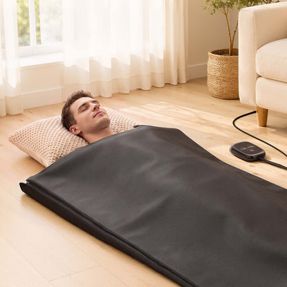 Infrared Sauna Blanket 185 x 90 cm, Portable PU Leather Sauna Bag, Even Heating for Home Detox & Relaxation, Temp Control & Timer, Full-Body Heating Wrap with Towel Liner, Carry Bag, Black