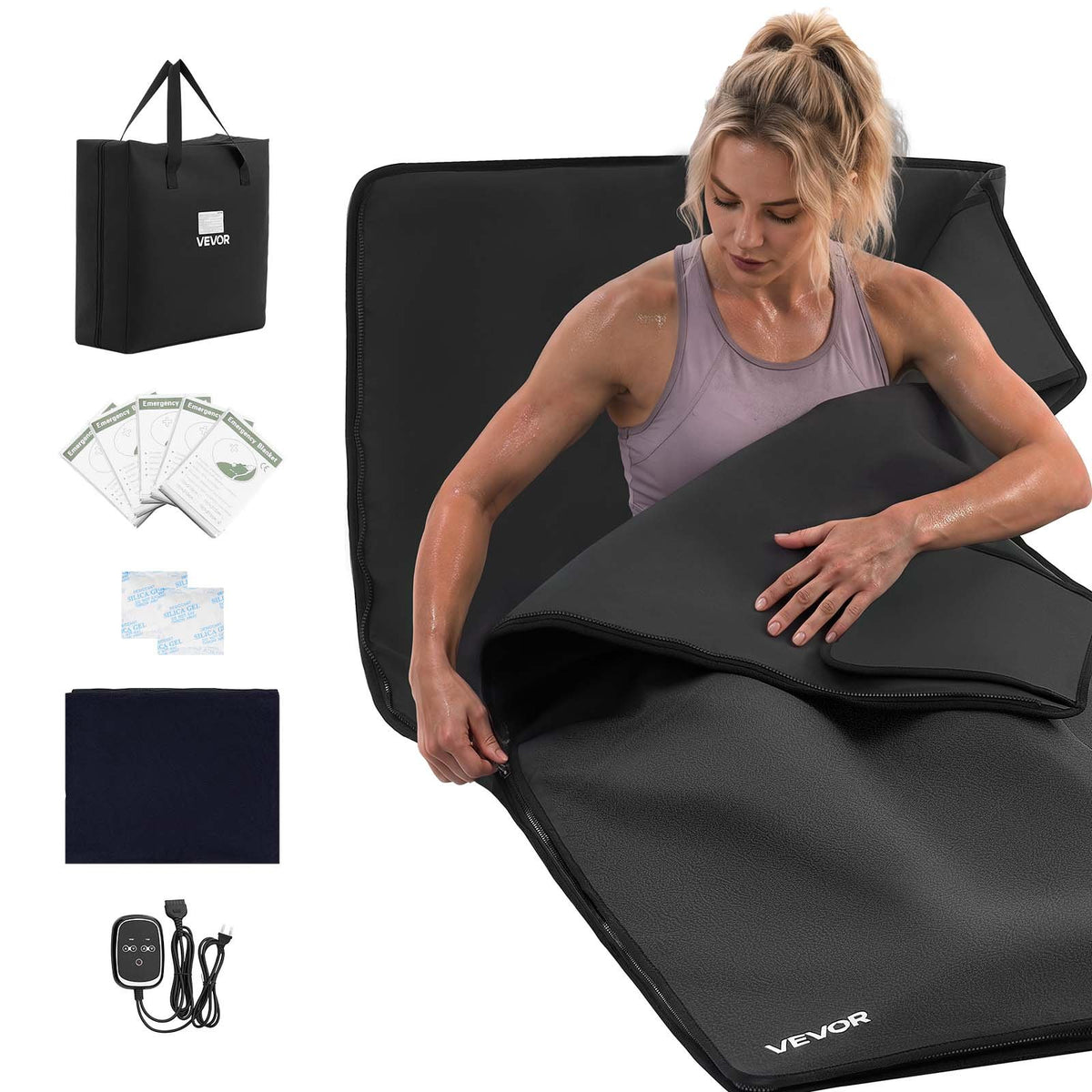 Infrared Sauna Blanket 185 x 90 cm, Portable PU Leather Sauna Bag, Even Heating for Home Detox & Relaxation, Temp Control & Timer, Full-Body Heating Wrap with Towel Liner, Carry Bag, Black
