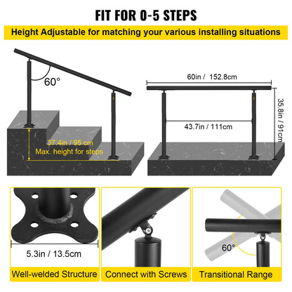 VEVOR Handrail for Outdoor Steps Aluminum Stair
Handrail Fit 0-5 Steps w/ Installation