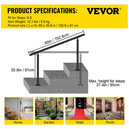 VEVOR Handrail for Outdoor Steps Aluminum Stair
Handrail Fit 0-5 Steps w/ Installation