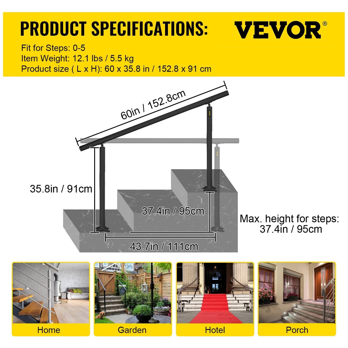 Aluminum Handrail for 0-5 Outdoor Steps, 70 kg Capacity, Easy Install Kit