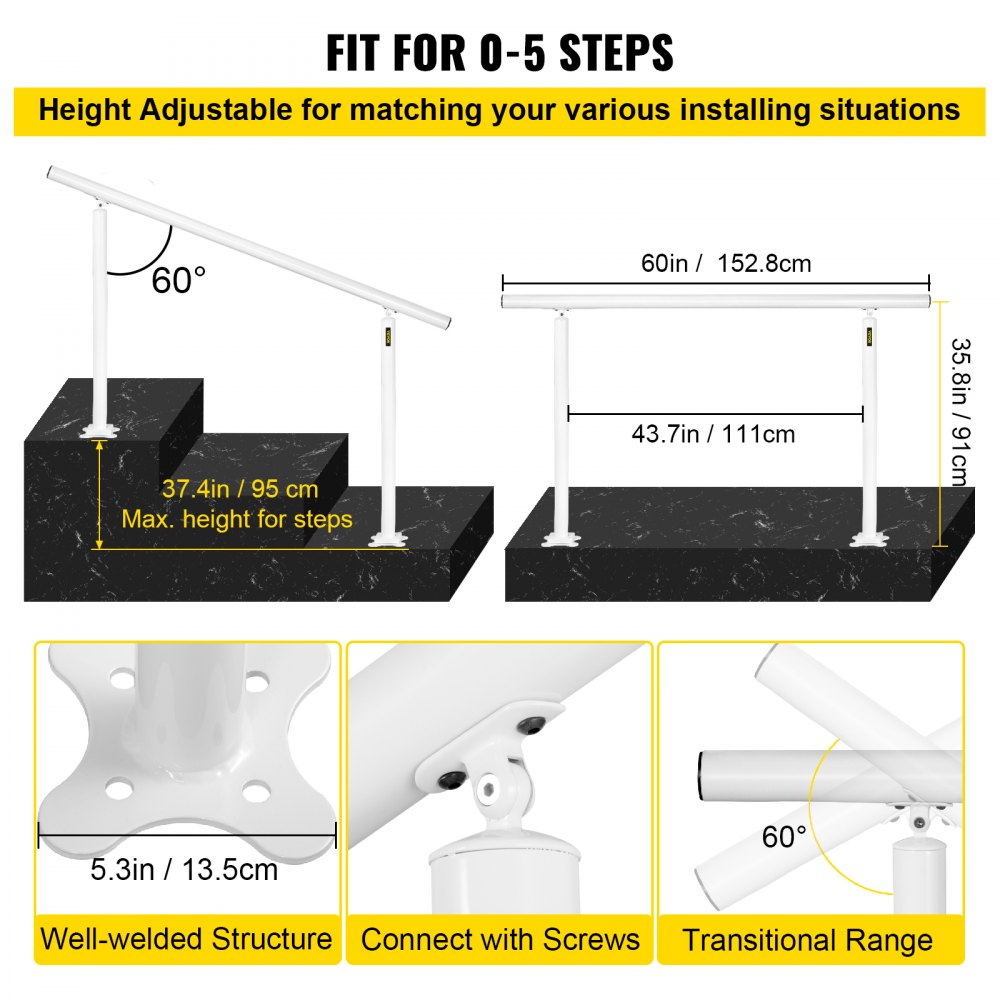 VEVOR Handrail for Outdoor Steps Aluminum Stair 
Handrail Fit 0-5 Steps w/ Installation Kit