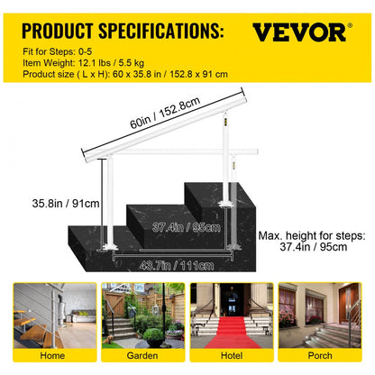 VEVOR Handrail for Outdoor Steps Aluminum Stair 
Handrail Fit 0-5 Steps w/ Installation Kit