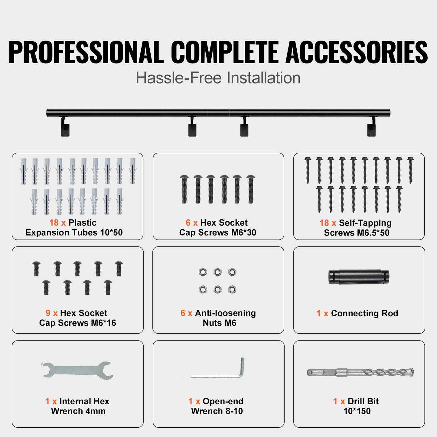 VEVOR Handrail Stair Railing, 366cm, Wall Mount Handrails for Indoor Stairs, Thickened