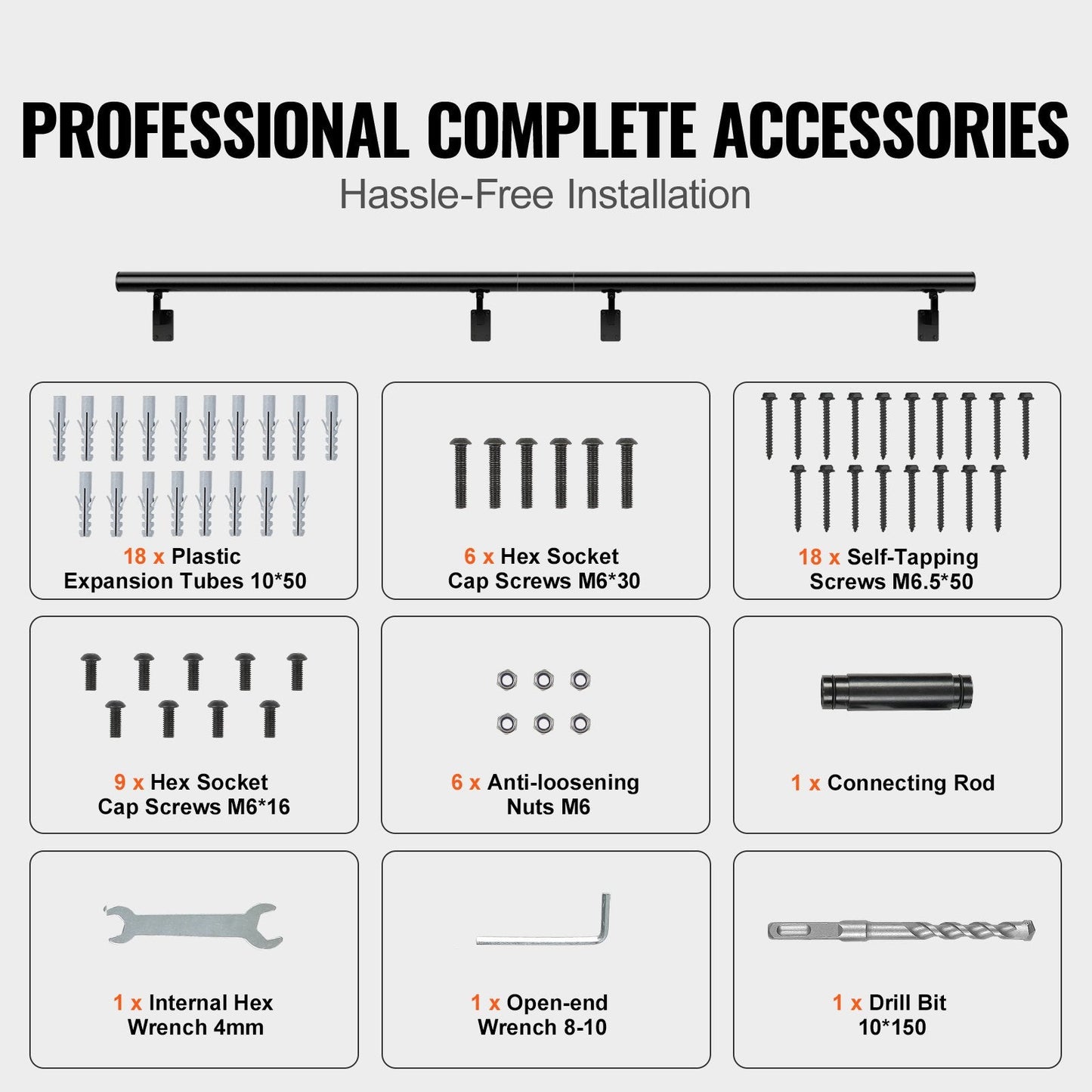 Indoor/Outdoor Stair Handrail, 3.66m, Wall Mount, 199.6kg Load, Aluminum Alloy