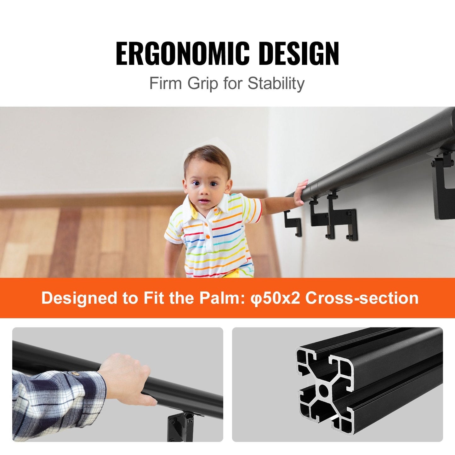 Indoor/Outdoor Stair Handrail, 3.66m, Wall Mount, 199.6kg Load, Aluminum Alloy