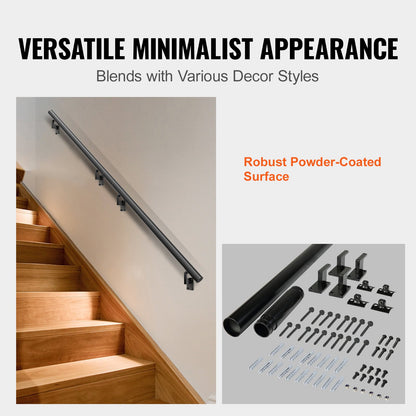VEVOR Handrail Stair Railing, 366cm, Wall Mount Handrails for Indoor Stairs, Thickened