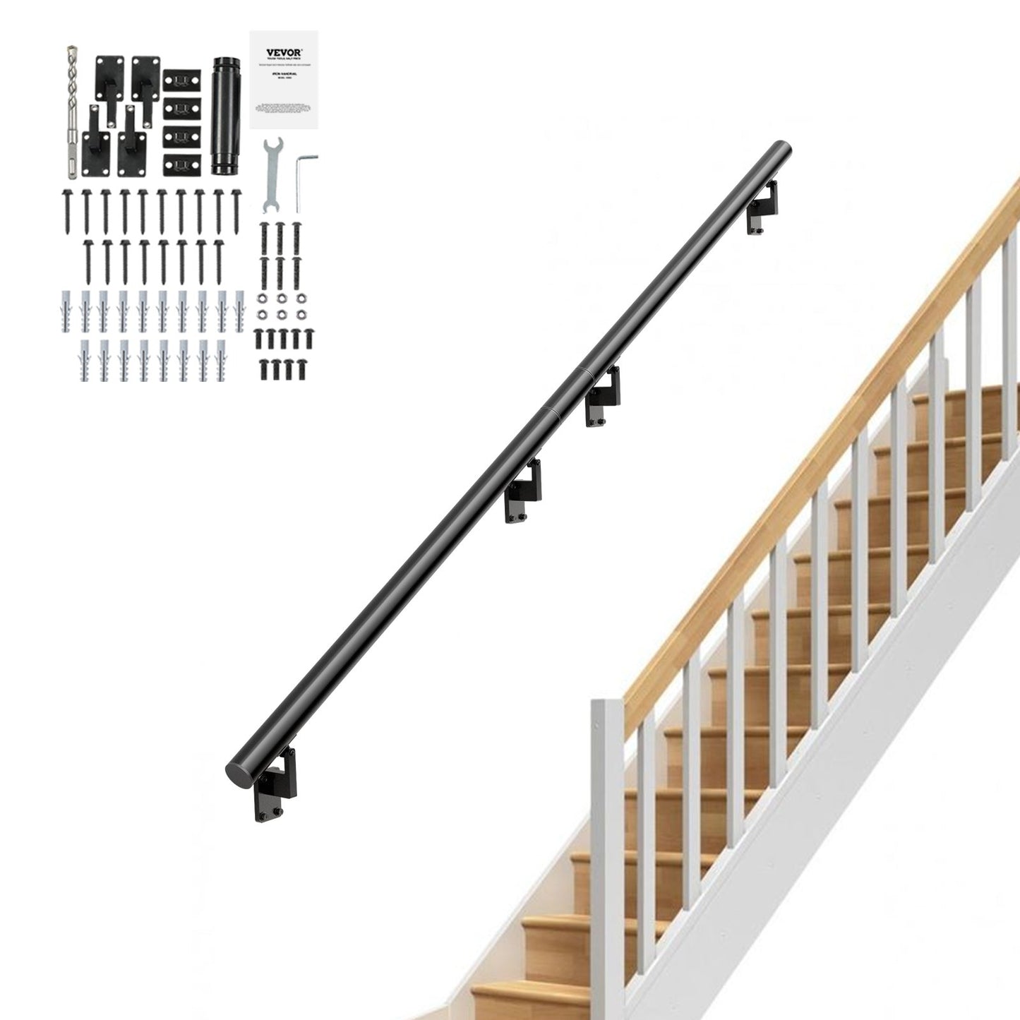 VEVOR Handrail Stair Railing, 366cm, Wall Mount Handrails for Indoor Stairs, Thickened