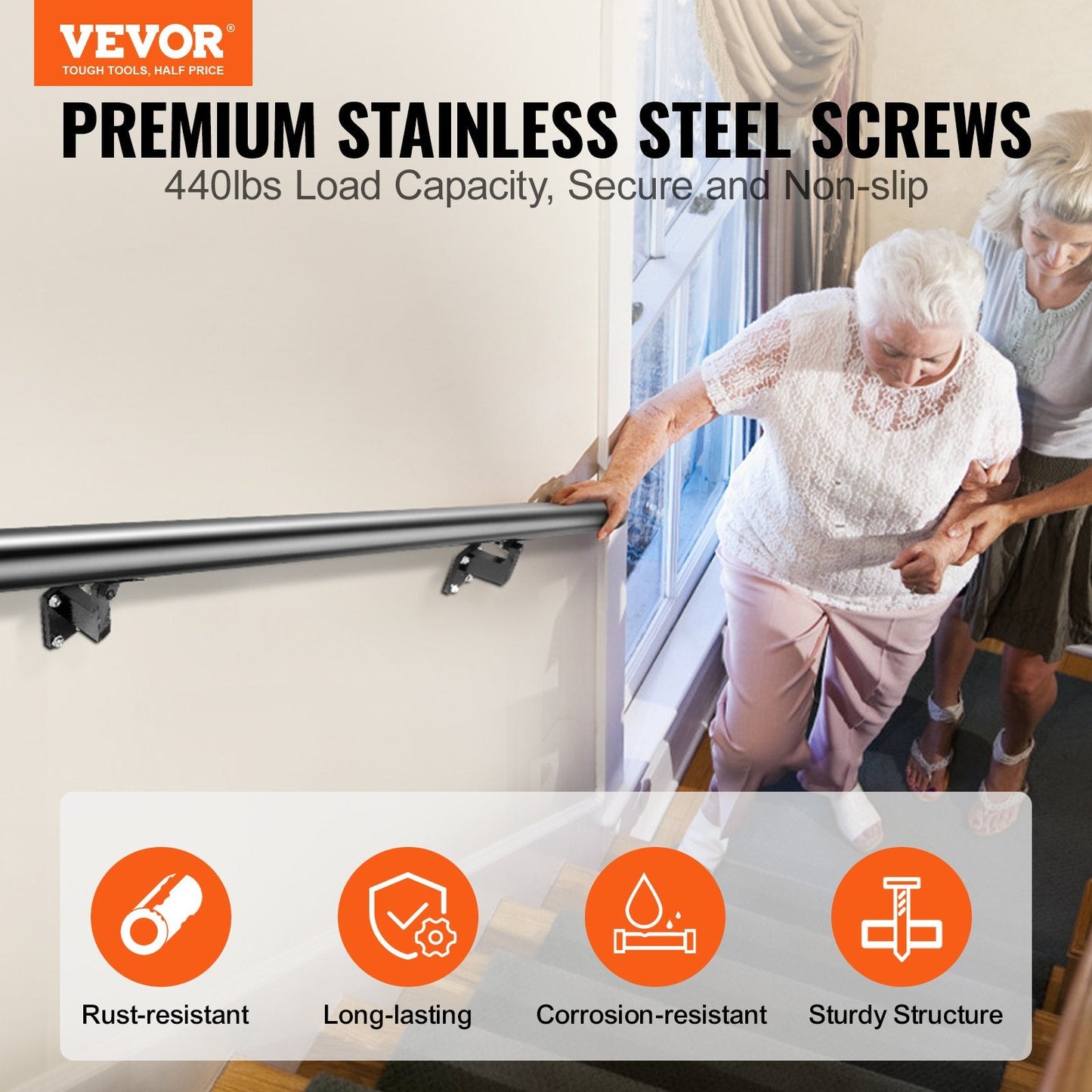 Indoor/Outdoor Aluminum Handrail, Wall Mount, 4 ft, 200 kg Capacity, Installation Kit