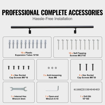 Indoor/Outdoor Aluminum Handrail, Wall Mount, 4 ft, 200 kg Capacity, Installation Kit