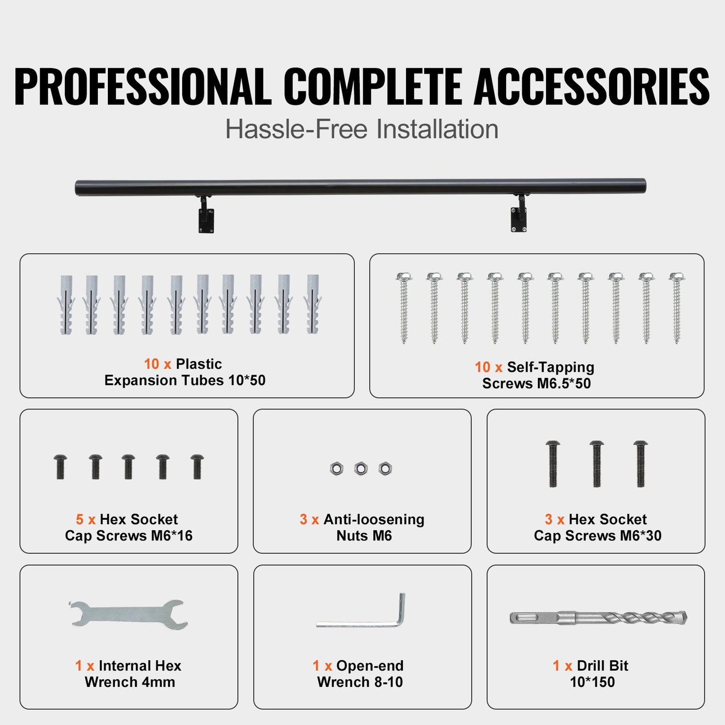 VEVOR Handrail Stair Railing, 4 ft, Wall Mount Handrails for Indoor Stairs, Thickened