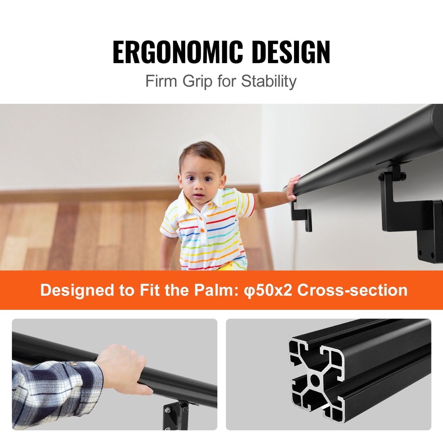 Indoor/Outdoor Aluminum Handrail, Wall Mount, 4 ft, 200 kg Capacity, Installation Kit
