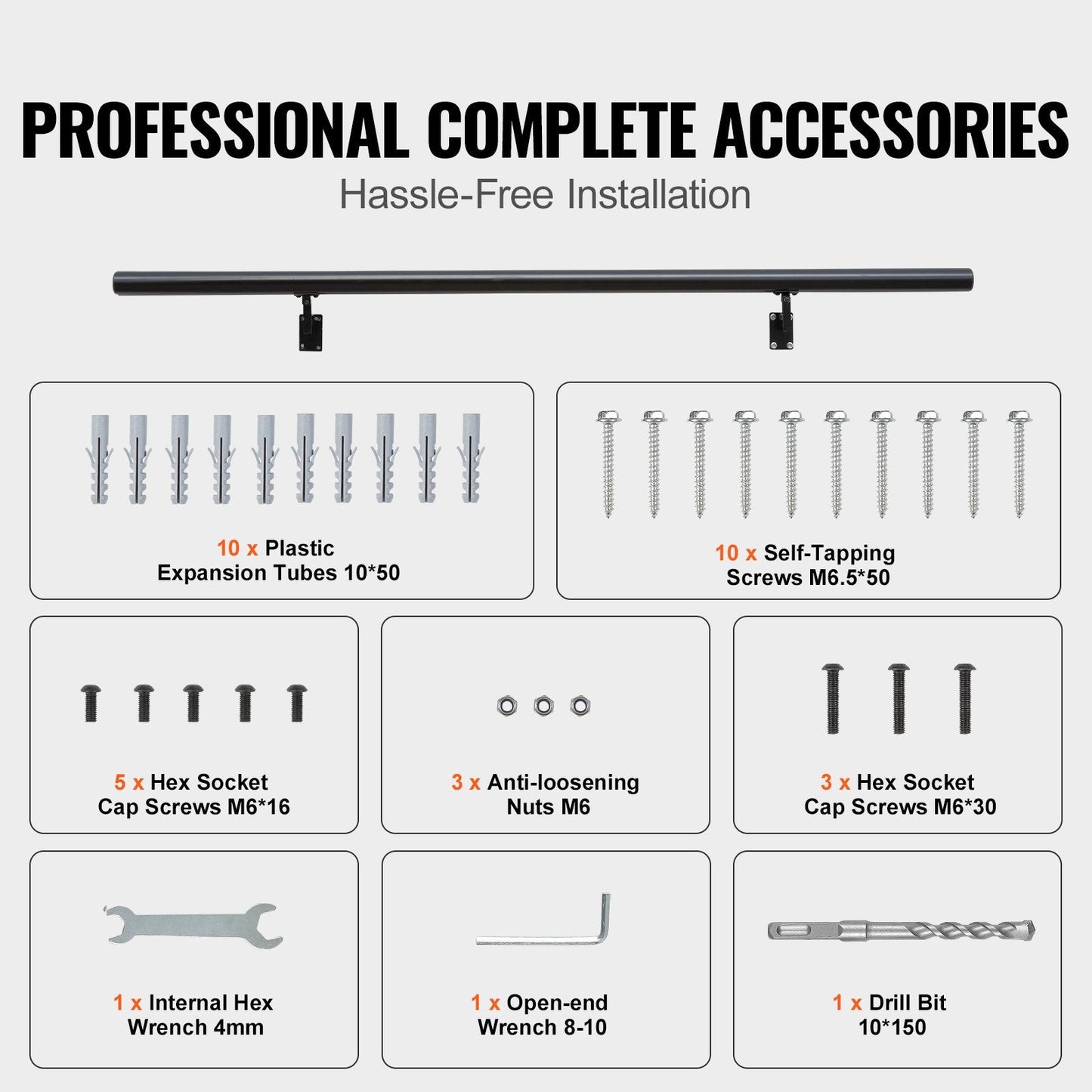 Wall Mounted Aluminum Handrail for Indoor/Outdoor Stairs, 152.4CM, 200KG Capacity