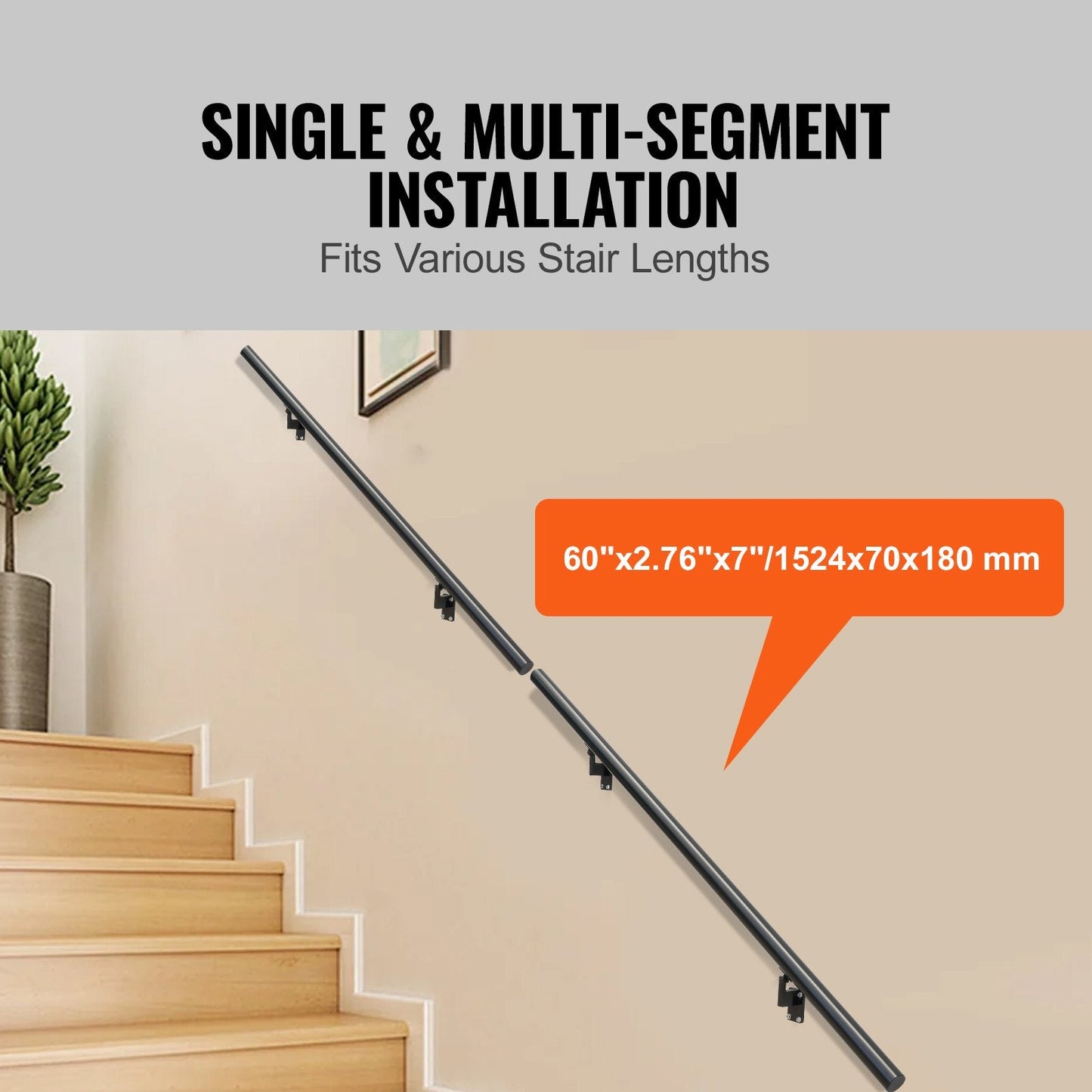 Wall Mounted Aluminum Handrail for Indoor/Outdoor Stairs, 152.4CM, 200KG Capacity