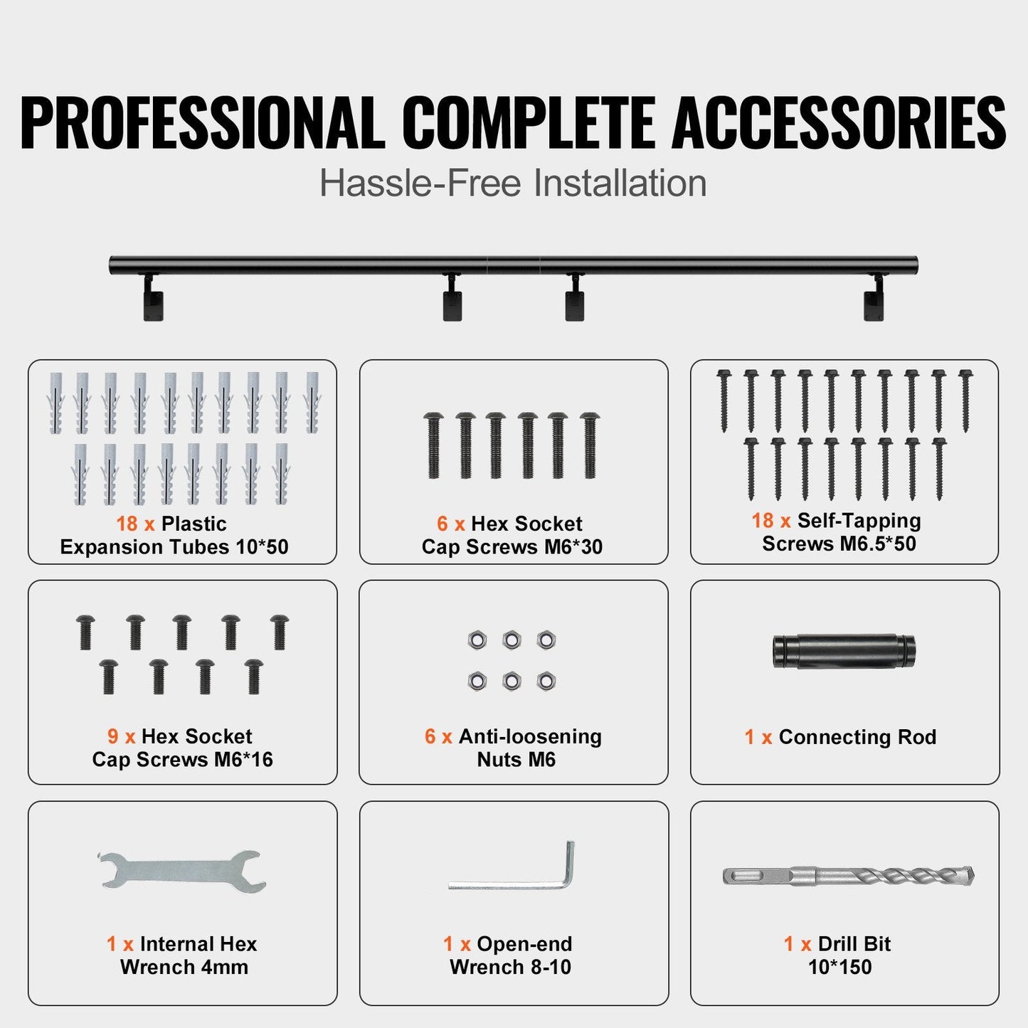 Wall Mount Aluminum Handrail for Stairs, 213.4CM, 200KG Capacity, Indoor/Outdoor