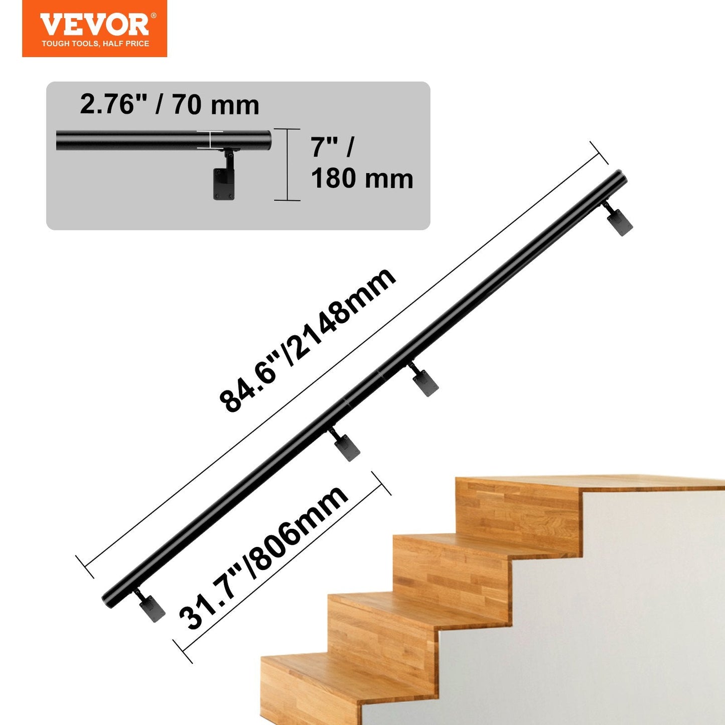 Wall Mount Aluminum Handrail for Stairs, 213.4CM, 200KG Capacity, Indoor/Outdoor