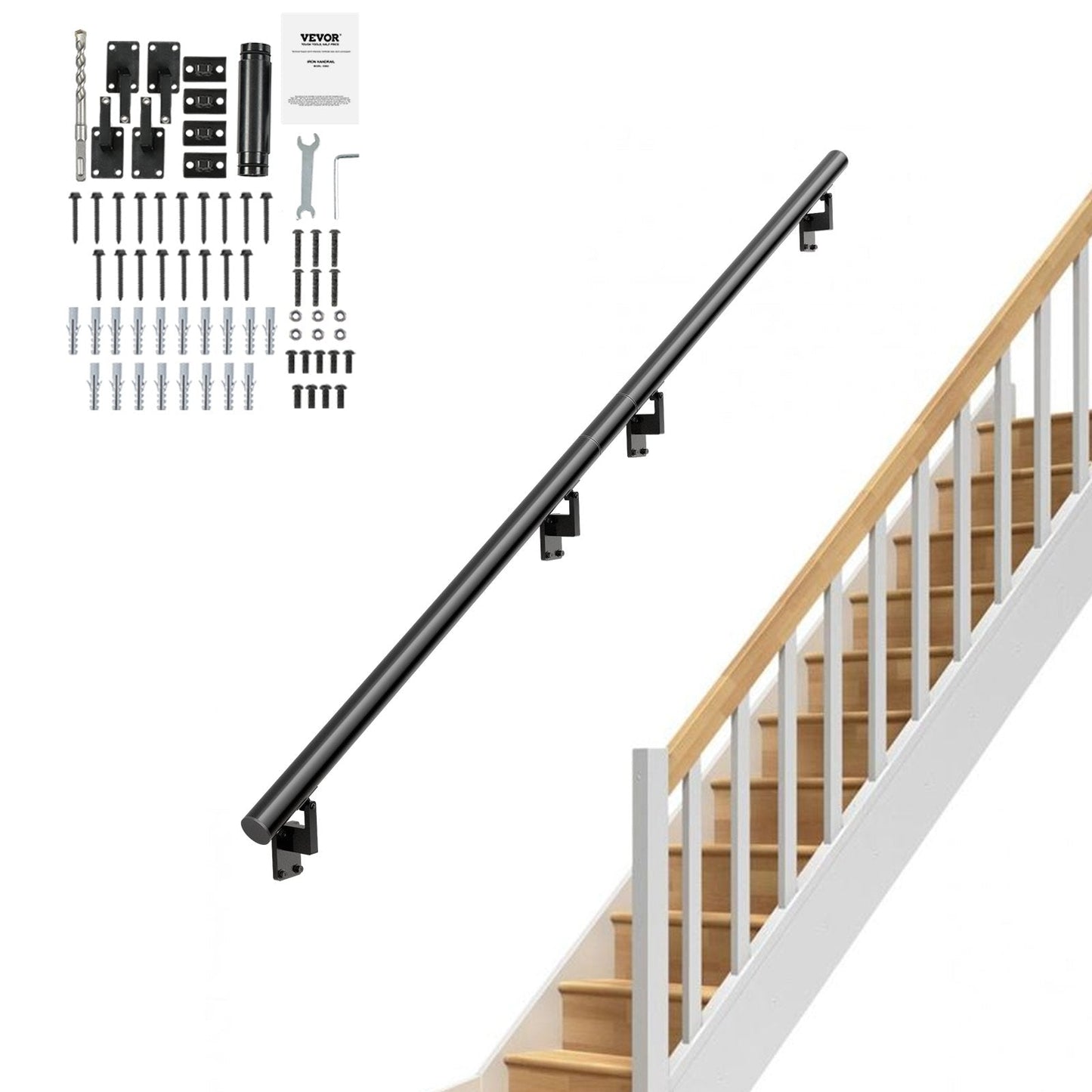 Wall Mount Aluminum Handrail for Stairs, 213.4CM, 200KG Capacity, Indoor/Outdoor