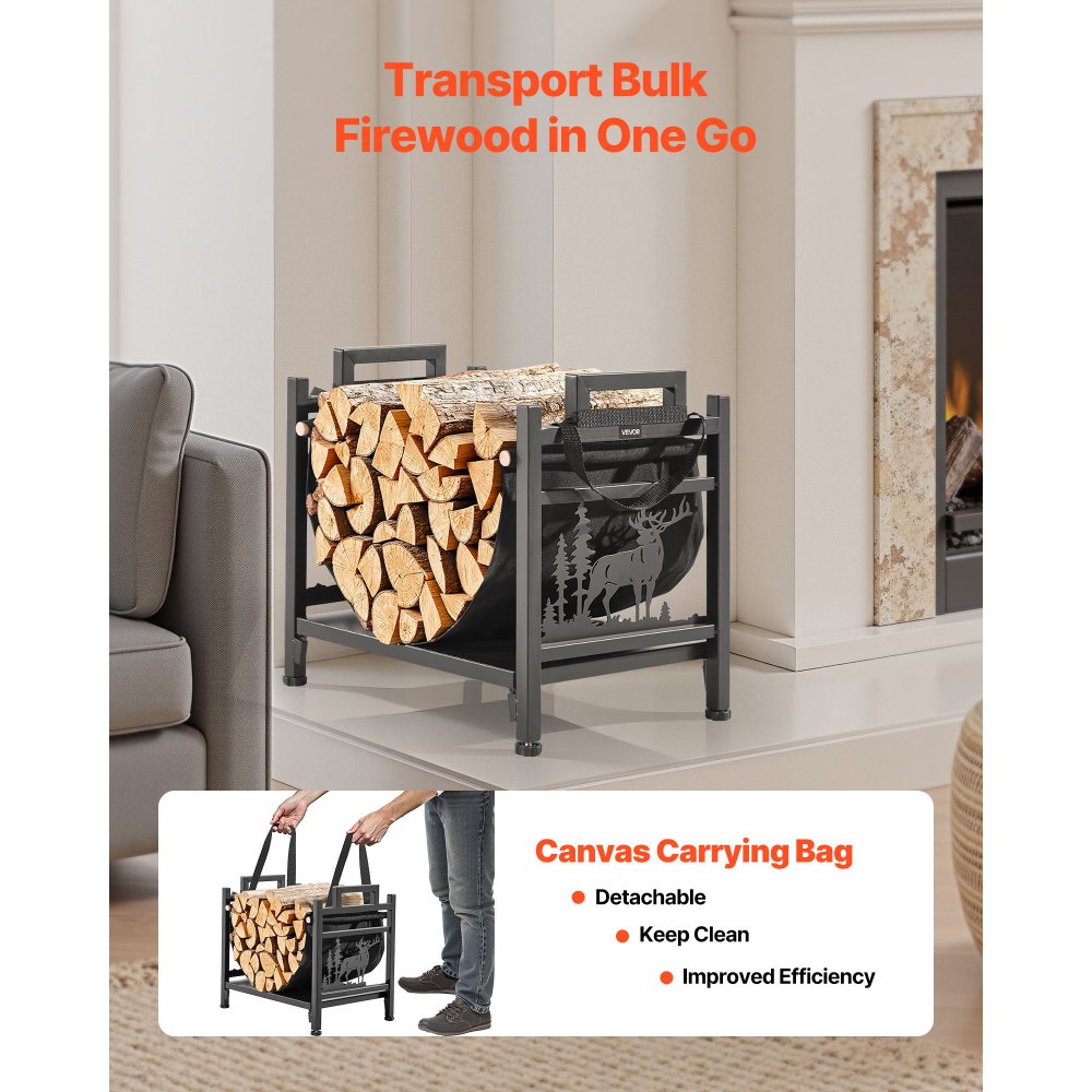 Indoor Firewood Rack, 45cm Curved Log Holder with Canvas Carrier, 18kg Weight Capacity Wood Storage Stand, Powder-Coated Steel Firewood Holder, Heavy Duty Wood Pile Stacker Rack for Fireplace