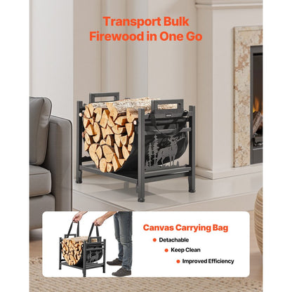 Indoor Firewood Rack, 45cm Curved Log Holder with Canvas Carrier, 18kg Weight Capacity Wood Storage Stand, Powder-Coated Steel Firewood Holder, Heavy Duty Wood Pile Stacker Rack for Fireplace