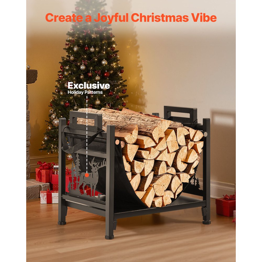 Indoor Firewood Rack, 45cm Curved Log Holder with Canvas Carrier, 18kg Weight Capacity Wood Storage Stand, Powder-Coated Steel Firewood Holder, Heavy Duty Wood Pile Stacker Rack for Fireplace