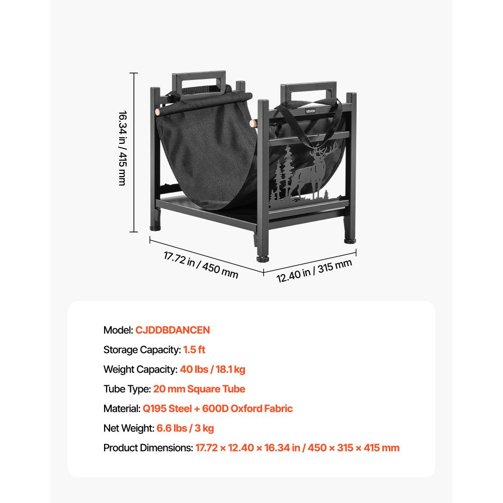 Indoor Firewood Rack, 45cm Curved Log Holder with Canvas Carrier, 18kg Weight Capacity Wood Storage Stand, Powder-Coated Steel Firewood Holder, Heavy Duty Wood Pile Stacker Rack for Fireplace