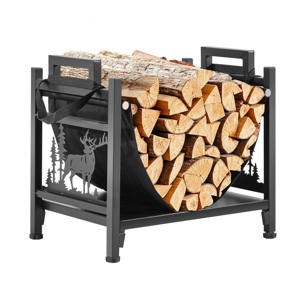 Indoor Firewood Rack, 45cm Curved Log Holder with Canvas Carrier, 18kg Weight Capacity Wood Storage Stand, Powder-Coated Steel Firewood Holder, Heavy Duty Wood Pile Stacker Rack for Fireplace