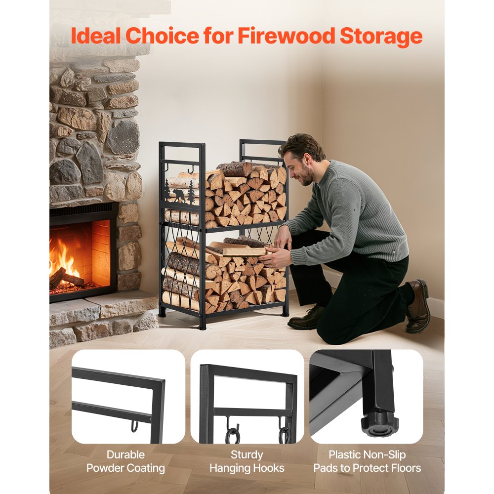 Indoor Firewood Rack, 45.5cm 2-Tier Firewood Holder with Fireplace Tools, Brush, Shovel, Poker, Tongs, Heavy Duty Log Wood Rack, 400 lbs Weight Capacity, Wood Pile Storage Stacker for Fire Pit