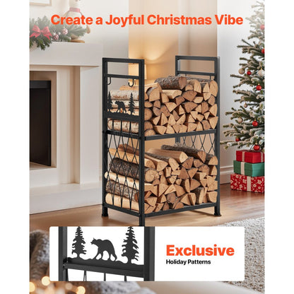 Indoor Firewood Rack, 45.5cm 2-Tier Firewood Holder with Fireplace Tools, Brush, Shovel, Poker, Tongs, Heavy Duty Log Wood Rack, 400 lbs Weight Capacity, Wood Pile Storage Stacker for Fire Pit