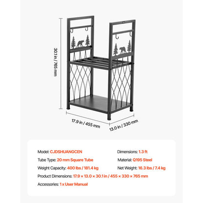 Indoor Firewood Rack, 45.5cm 2-Tier Firewood Holder with Fireplace Tools, Brush, Shovel, Poker, Tongs, Heavy Duty Log Wood Rack, 400 lbs Weight Capacity, Wood Pile Storage Stacker for Fire Pit