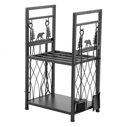 Indoor Firewood Rack, 45.5cm 2-Tier Firewood Holder with Fireplace Tools, Brush, Shovel, Poker, Tongs, Heavy Duty Log Wood Rack, 400 lbs Weight Capacity, Wood Pile Storage Stacker for Fire Pit