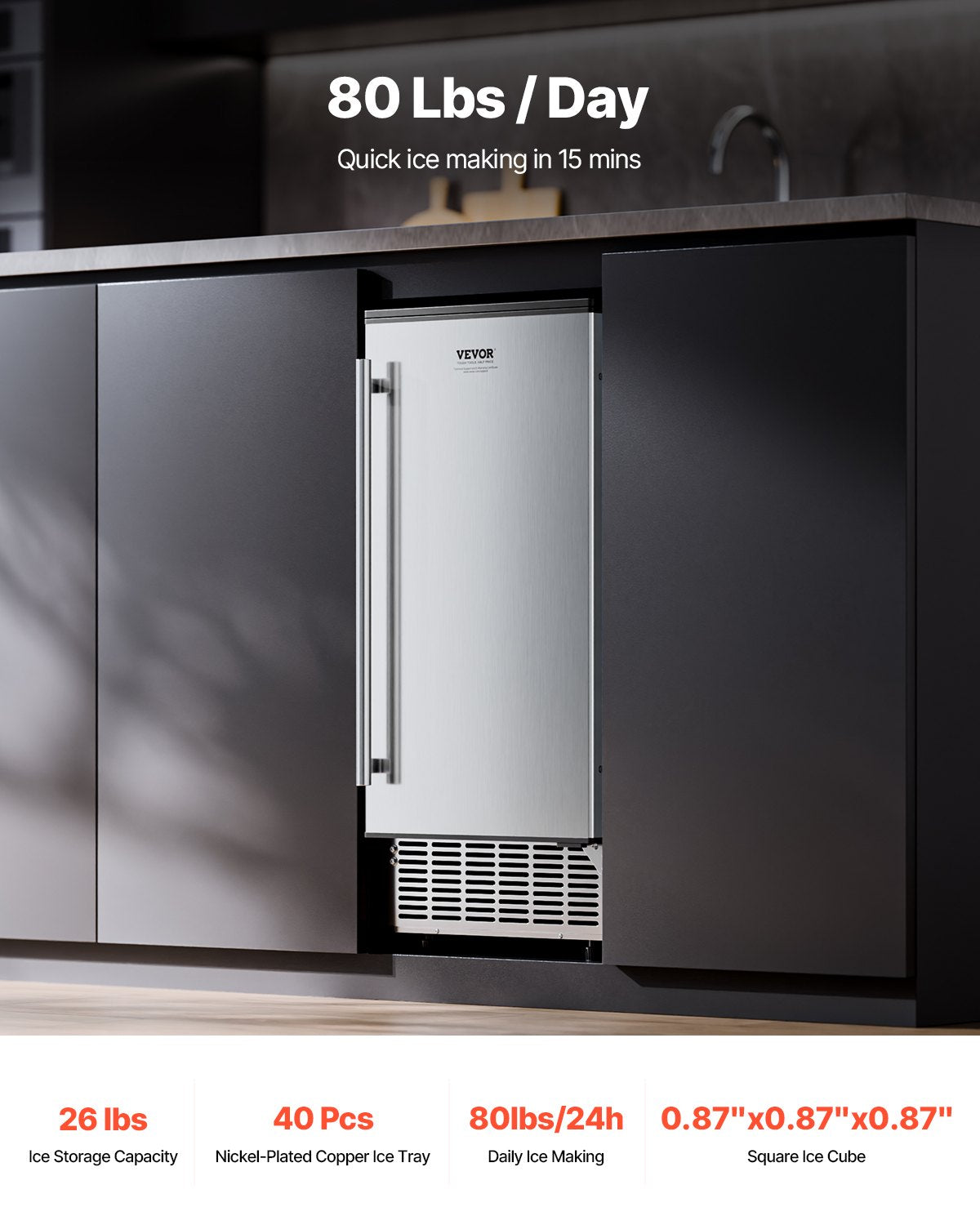 VEVOR Undercounter Ice Maker 80 Lbs/Day Built-in Ice Machine w/ Reversible Door