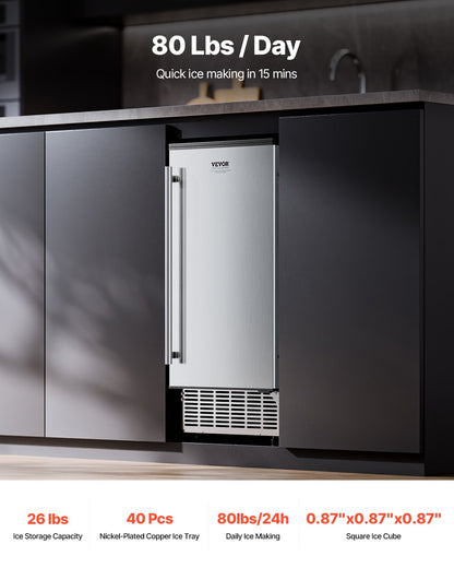 VEVOR Undercounter Ice Maker 80 Lbs/Day Built-in Ice Machine w/ Reversible Door