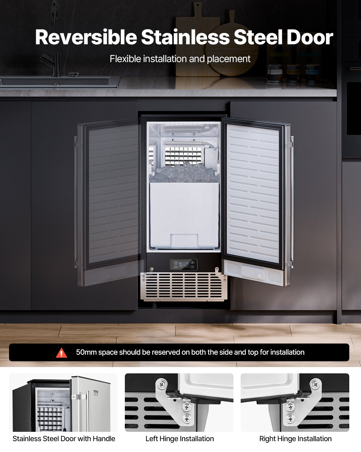 VEVOR Undercounter Ice Maker 80 Lbs/Day Built-in Ice Machine w/ Reversible Door
