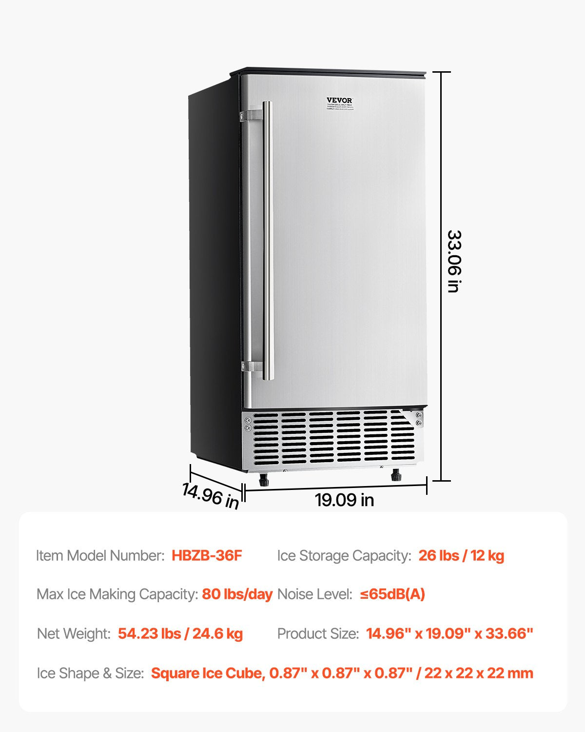 VEVOR Undercounter Ice Maker 80 Lbs/Day Built-in Ice Machine w/ Reversible Door