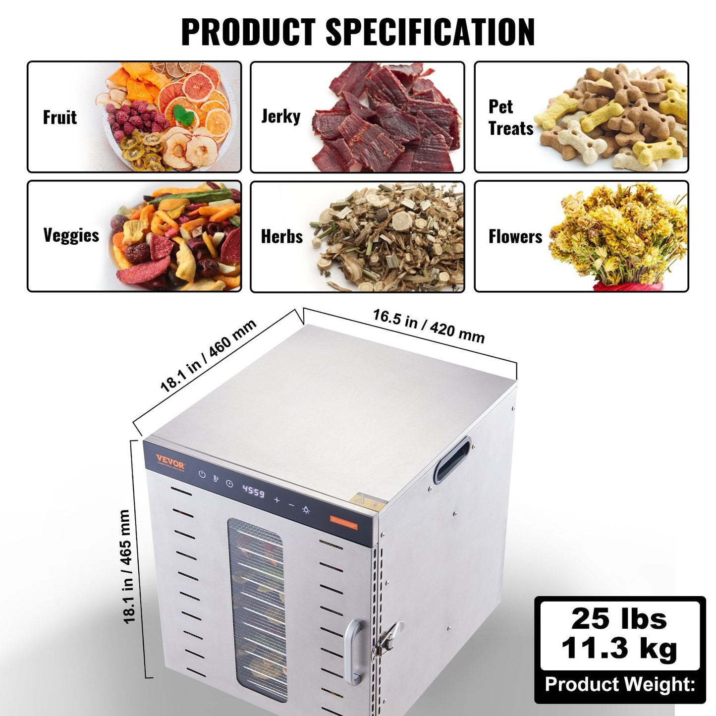 10-Tray Stainless Steel Food Dehydrator, 1000W, Adjustable Temp & Timer
