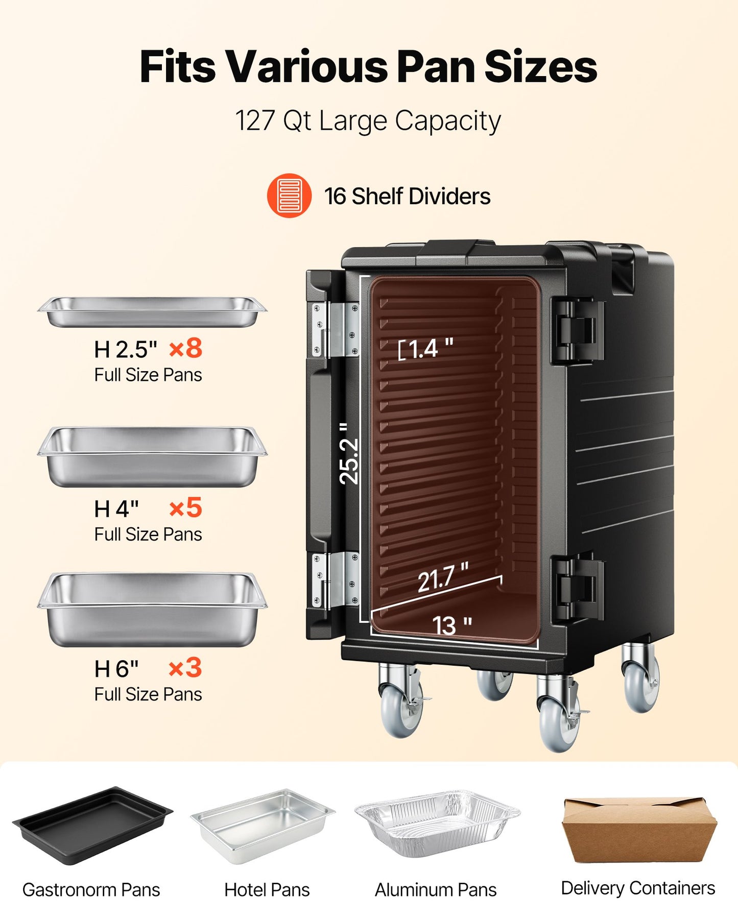 Insulated Food Pan Carrier, 120L Hot Box for Catering, LLDPE Food Box Carrier with Double Buckles, Front Loading Food Warmer with Handles, End Loader with Wheels for Restaurant, Canteen, etc.