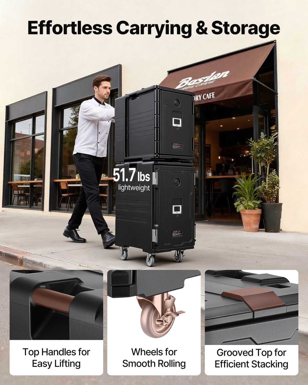 Insulated Food Pan Carrier, 120L Hot Box for Catering, LLDPE Food Box Carrier with Double Buckles, Front Loading Food Warmer with Handles, End Loader with Wheels for Restaurant, Canteen, etc.