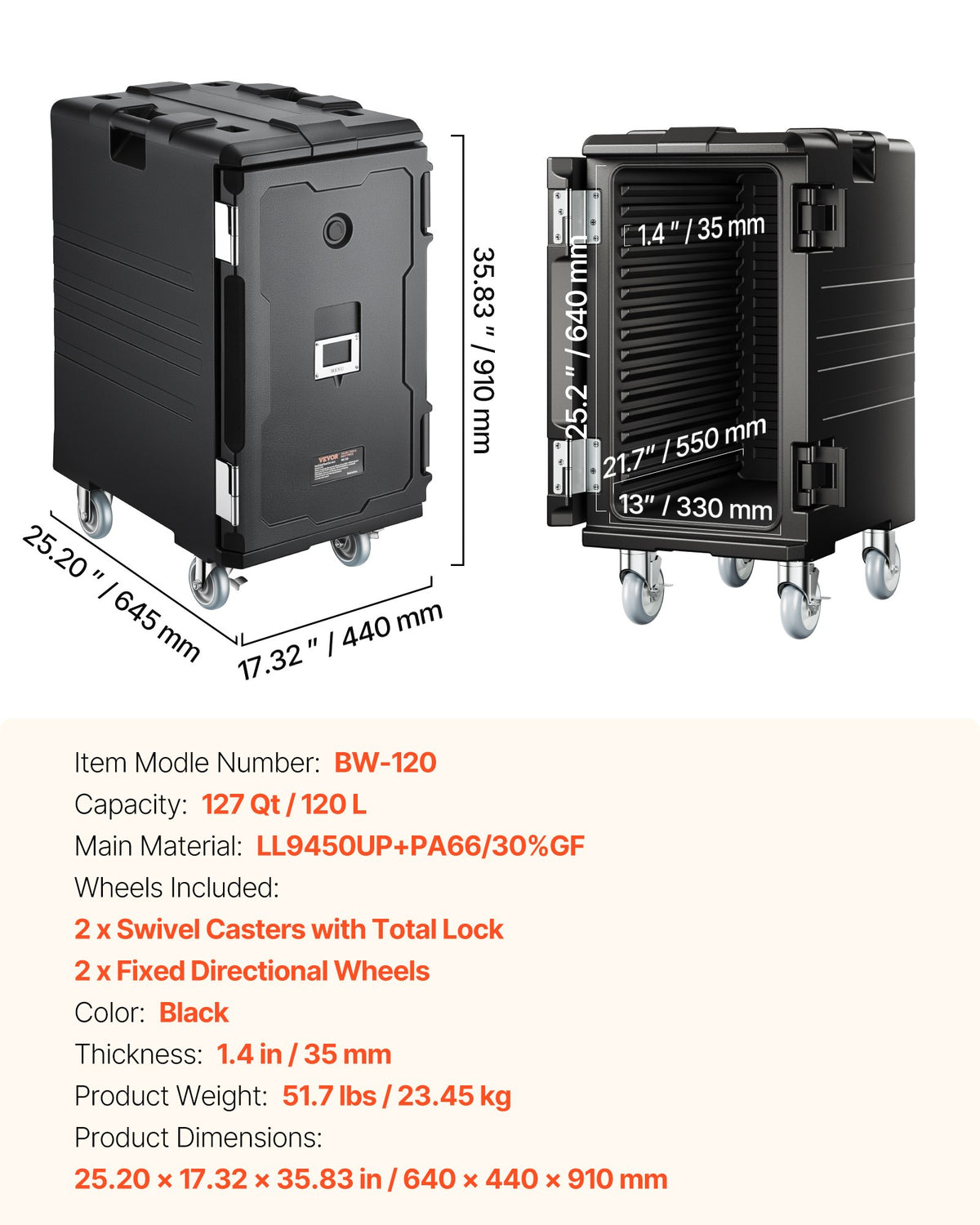 Insulated Food Pan Carrier, 120L Hot Box for Catering, LLDPE Food Box Carrier with Double Buckles, Front Loading Food Warmer with Handles, End Loader with Wheels for Restaurant, Canteen, etc.