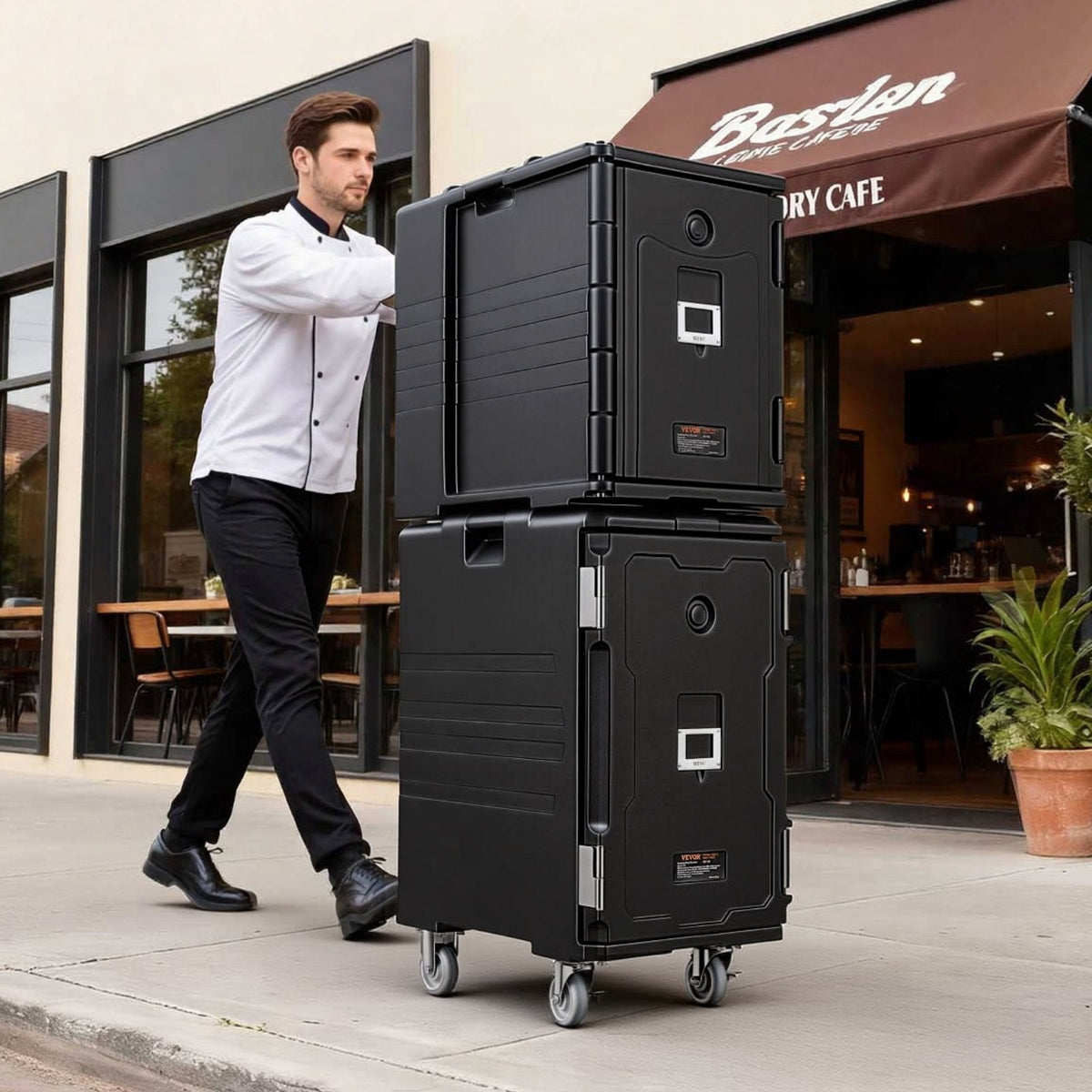 Insulated Food Pan Carrier, 120L Hot Box for Catering, LLDPE Food Box Carrier with Double Buckles, Front Loading Food Warmer with Handles, End Loader with Wheels for Restaurant, Canteen, etc.