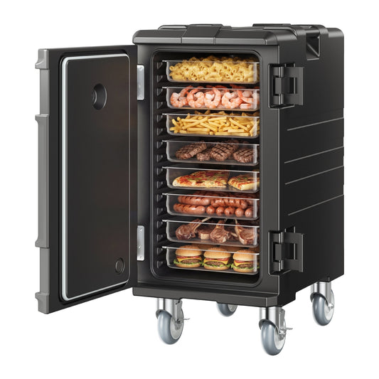 Insulated Food Pan Carrier, 120L Hot Box for Catering, LLDPE Food Box Carrier with Double Buckles, Front Loading Food Warmer with Handles, End Loader with Wheels for Restaurant, Canteen, etc.