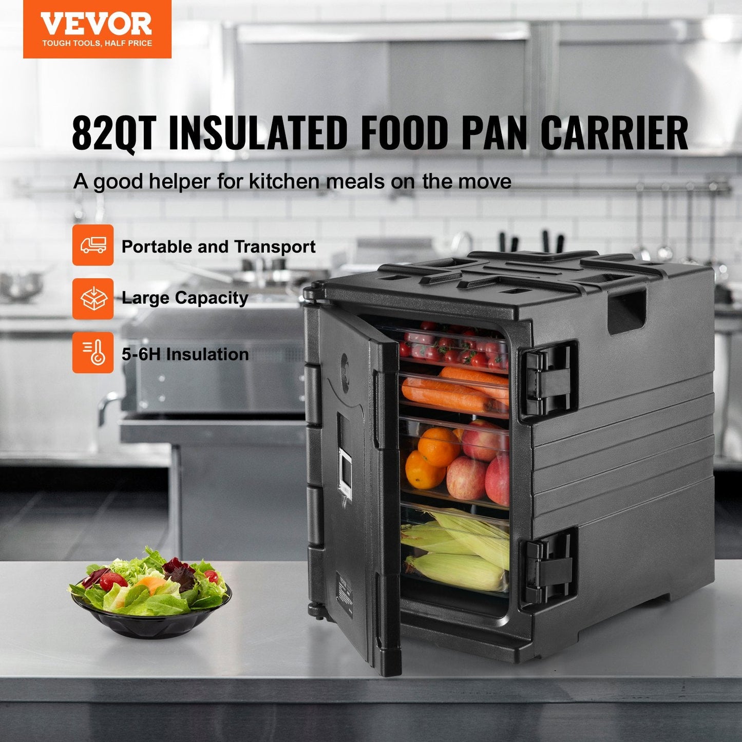 Insulated 90L Catering Food Pan Carrier with Double Buckles, Black, 15.55 kg