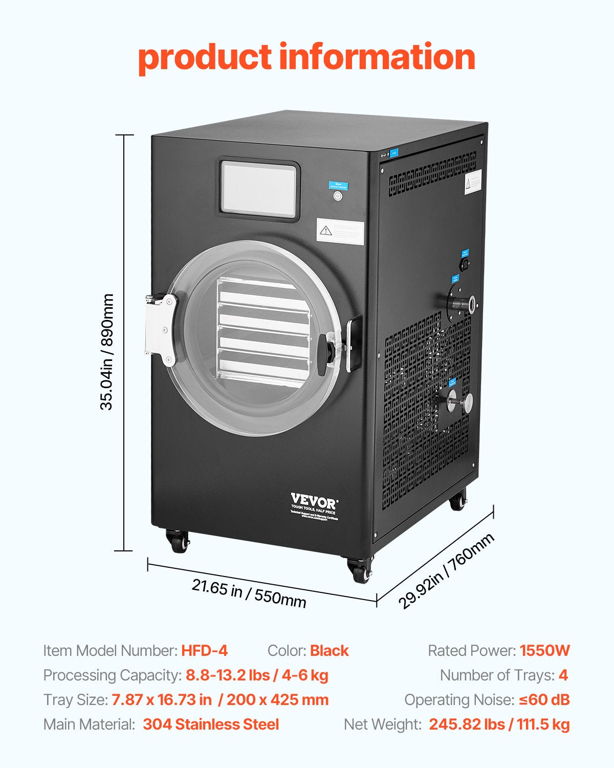 VEVOR Vacuum Freeze Dryer 4-Layer Fruit Vegetable Freeze Drying Machine Black