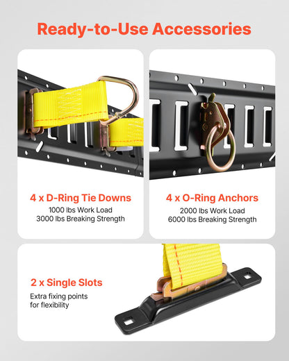 E-Track Tie-Down Rail Kit, 4 Pack 0.4 m E Tracks Set, 21 Pcs Includes 2 Ratchet Straps & 4 O-Rings & 4 Tie-Offs with D-Ring & 2 Single Slots & 8 End Caps & 1 Bag, Fit for Garages Vans Trailers