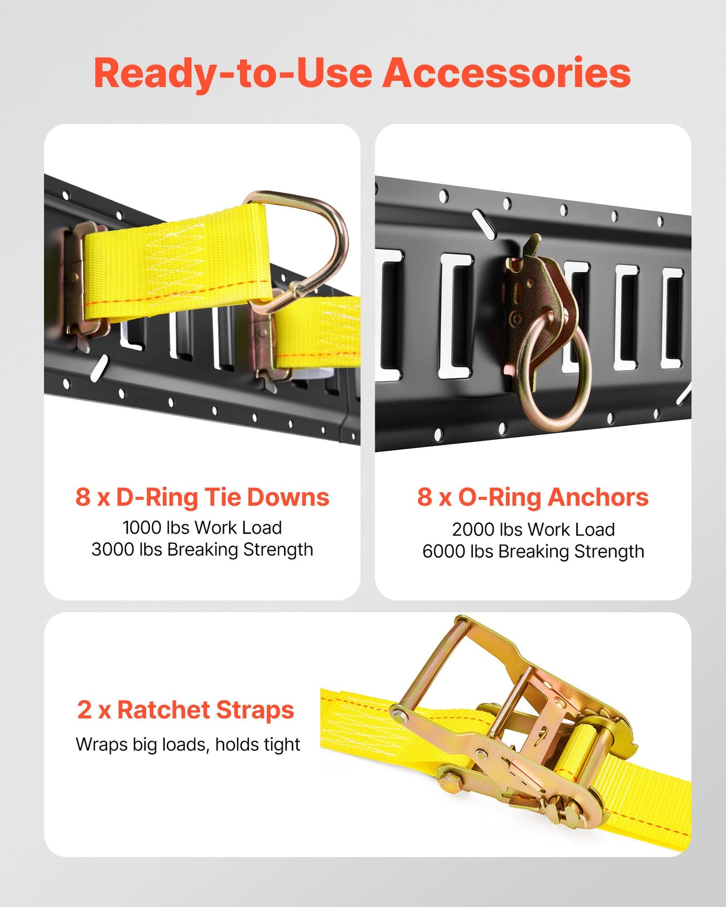E-Track Tie-Down Rail Kit, 8 Pack (1.5m+1.2m+0.6m+0.3m) E Track Rails, 36 Pcs Includes 2 Ratchet Straps & 8 O-Rings & 8 Tie-Offs with D-Ring & 2 Single Slots & 16 End Caps, Fit for Vans Trailers