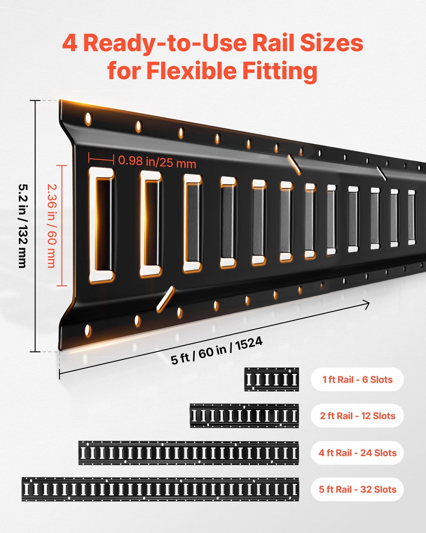 E-Track Tie-Down Rail Kit, 8 Pack (1.5m+1.2m+0.6m+0.3m) E Track Rails, 36 Pcs Includes 2 Ratchet Straps & 8 O-Rings & 8 Tie-Offs with D-Ring & 2 Single Slots & 16 End Caps, Fit for Vans Trailers