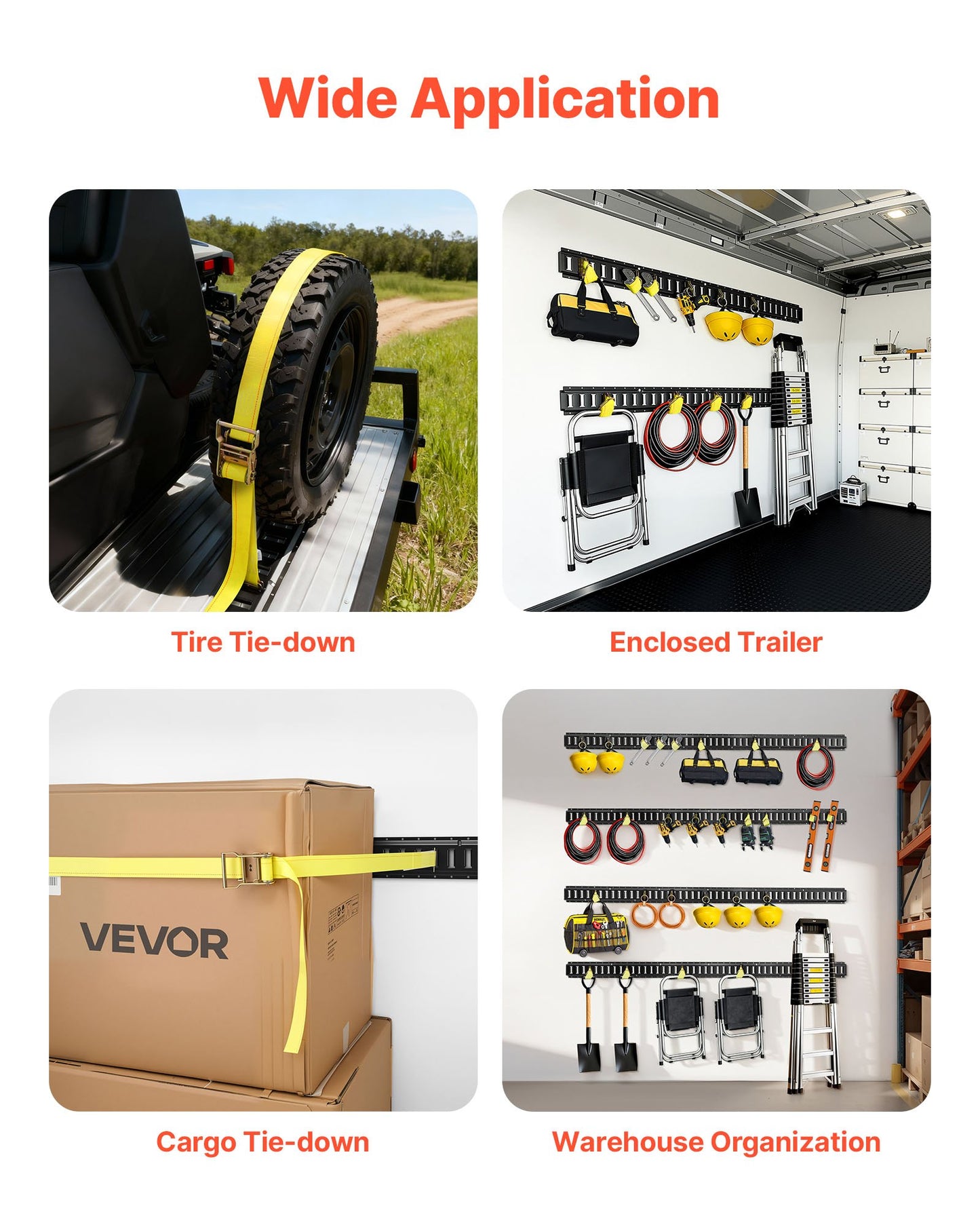 E-Track Tie-Down Rail Kit, 8 Pack (1.5m+1.2m+0.6m+0.3m) E Track Rails, 36 Pcs Includes 2 Ratchet Straps & 8 O-Rings & 8 Tie-Offs with D-Ring & 2 Single Slots & 16 End Caps, Fit for Vans Trailers