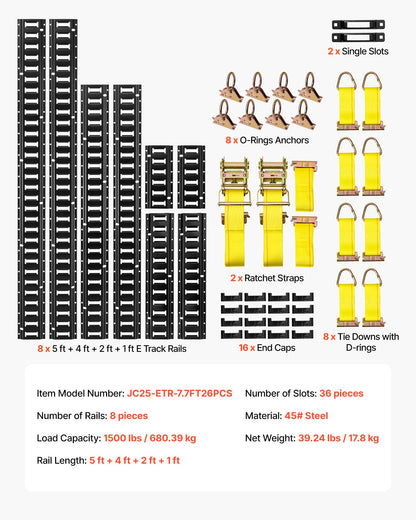 E-Track Tie-Down Rail Kit, 8 Pack (1.5m+1.2m+0.6m+0.3m) E Track Rails, 36 Pcs Includes 2 Ratchet Straps & 8 O-Rings & 8 Tie-Offs with D-Ring & 2 Single Slots & 16 End Caps, Fit for Vans Trailers