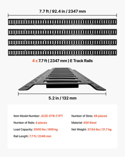 E-Track Tie-Down Rails, 4 Pack, 2.3 m E Track Rails Secures Cargo & Heavy Loads Up to 909 kg, Trailer Tie-Down System Suitable for Garages, Vans, Motorcycle Tie Downs, ATV Mountings